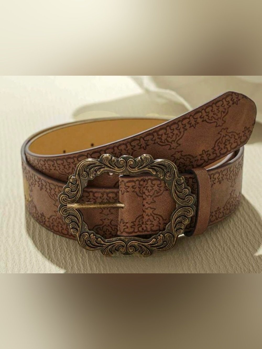 Brown Tooled Leather Belt with Ornate Antique Brass Buckle